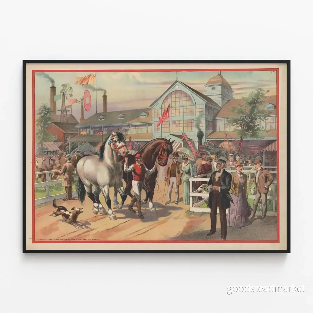 Vintageaffisch för jordbruksutställning med hästar och jockeys