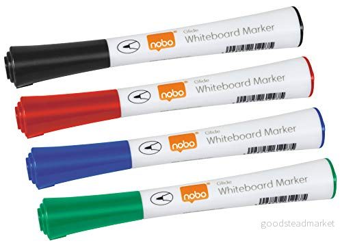 Nobo Glide Whiteboardpennor, Avtorkningsbara, 1mm Tunn Spets, 4 pack, 1902077, Olika Färger 5028252185073