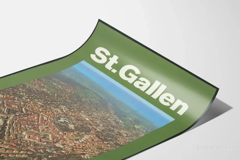 Vintageaffisch St. Gallen Schweiz - Stadsvy från luften och omgivande landsbygd - Bild 3