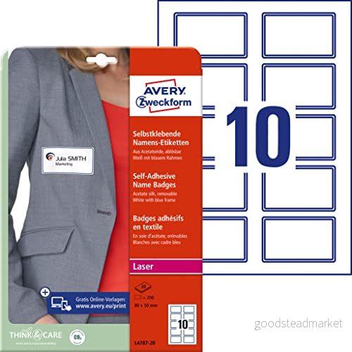 Avery Namnetiketter L4787-20 - 200 etiketter - 80x50 mm - Vit 4004182074855