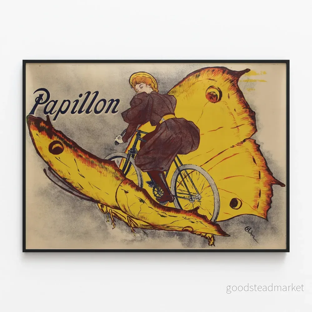 Vintageaffisch med fjäril på cykel - Retro väggdekoration