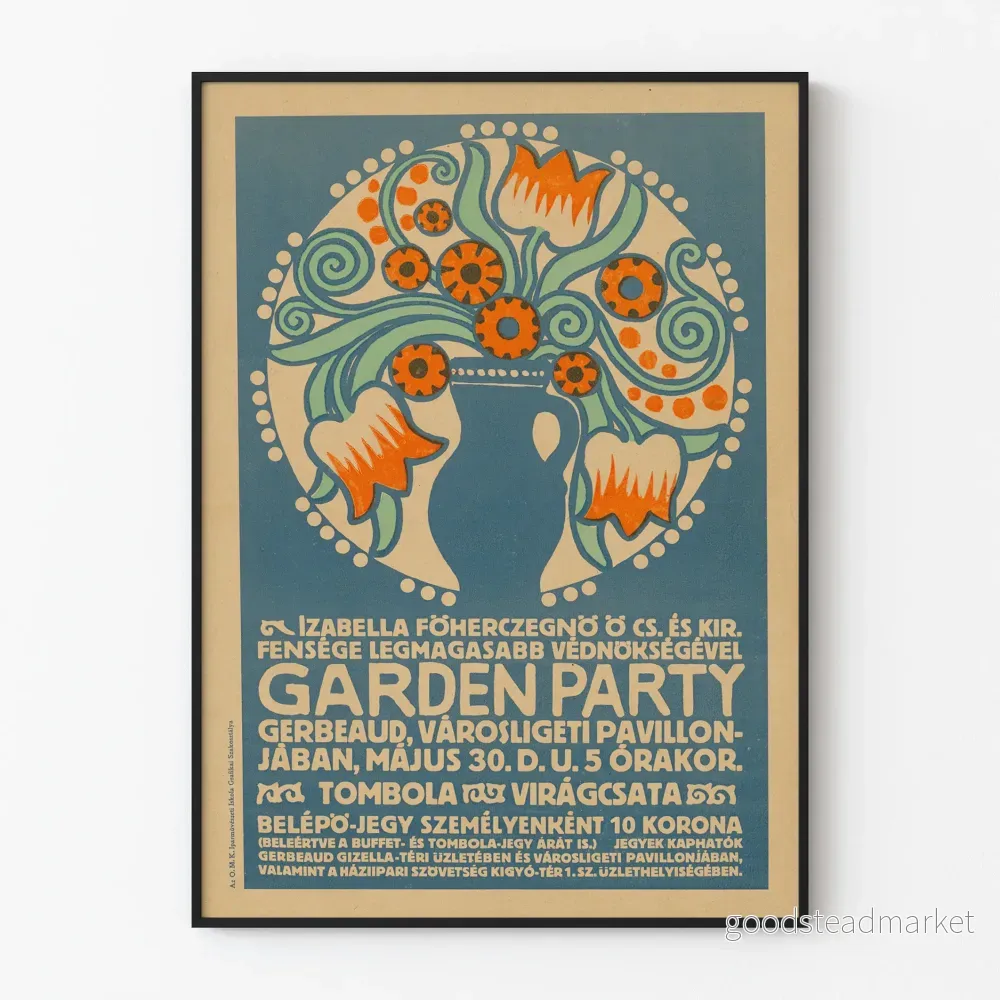 Vintage inredningsposter med trädgårdsfest och blomsterdekoration