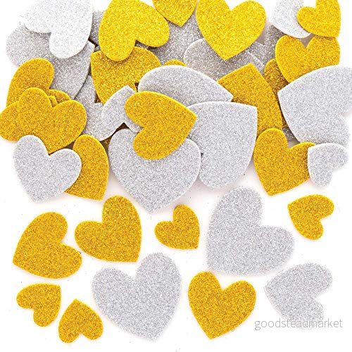 Baker Ross AX309 Glittrande hjärta skumklistermärken i guld och silver, 150 stycken, barnklistermärken, perfekt för barn, konst hantverksprojekt, kort scrapbooking 5051174109100