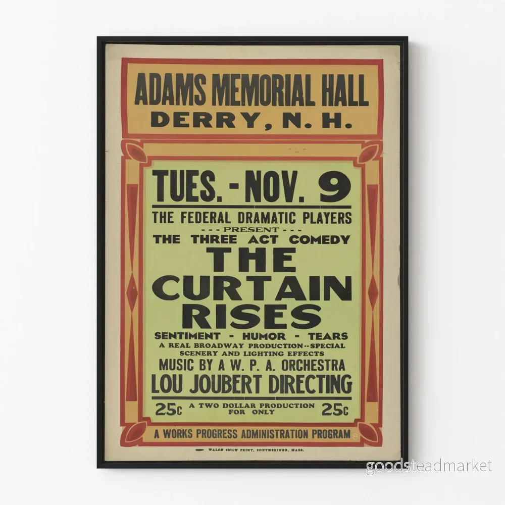 Vintageaffisch teater The Curtain Rises - Adams Memorial Hall Derry