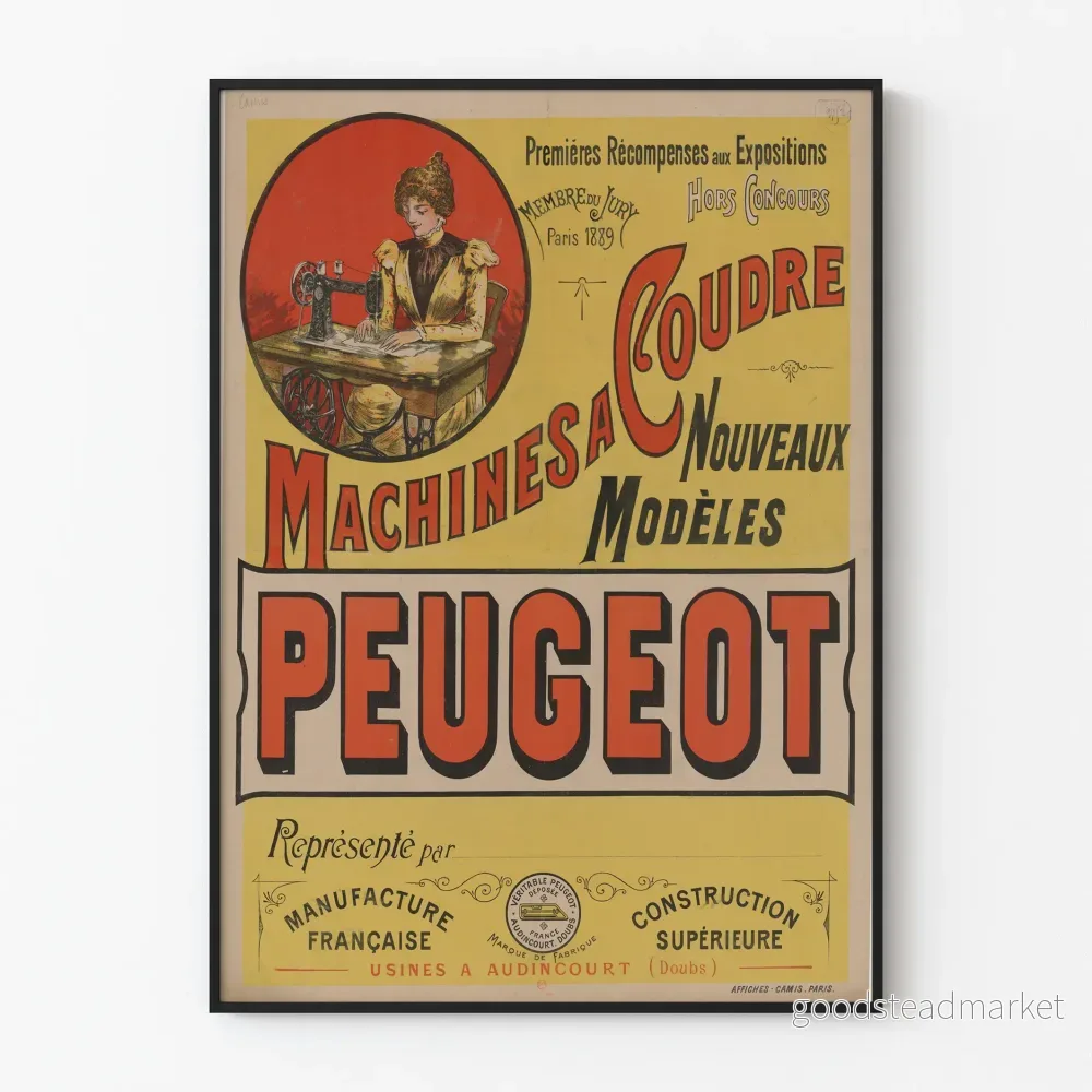 Vintage affisch med Peugeot symaskinsnyheter och nya modeller