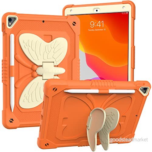 Fodral för iPad 10,2 tum 2021/2020/2019 med axelrem, robust stötsäkert skyddsfodral fjärilshållare 9/8/7:e genen, vit + orange 680720688407