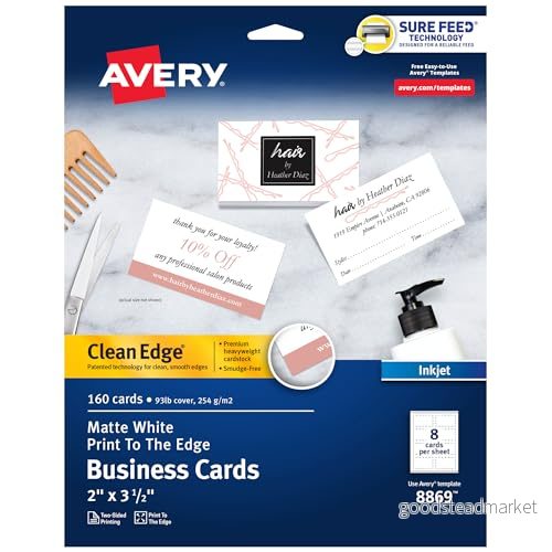 Avery Clean Edge utskrivbara visitkort med Sure Feed teknik, 5 cm x 8,9 cm, vit, 160 tomma kort för bläckstråleskrivare (08869) 72782088699