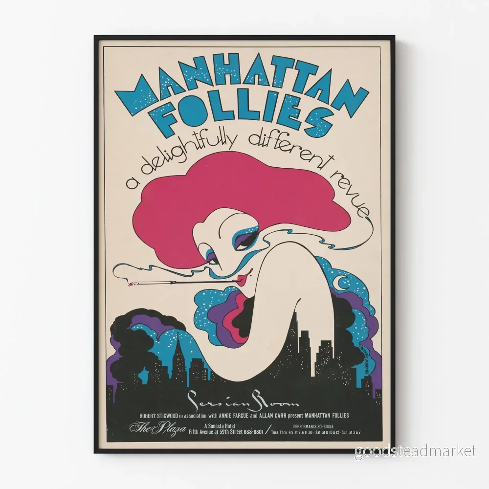 Vintageposter Manhattan Follies, färgglad konstnärlig revy