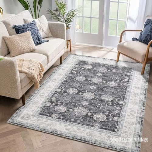 Auton Maskintvättbar Matta 80 x 150 cm, Vintage Design Med Halkfria Egenskaper för Vardagsrum Sovrum, Blomtryck Smutsavvisande Heminredning Kontorsområde, Svart 198290812523