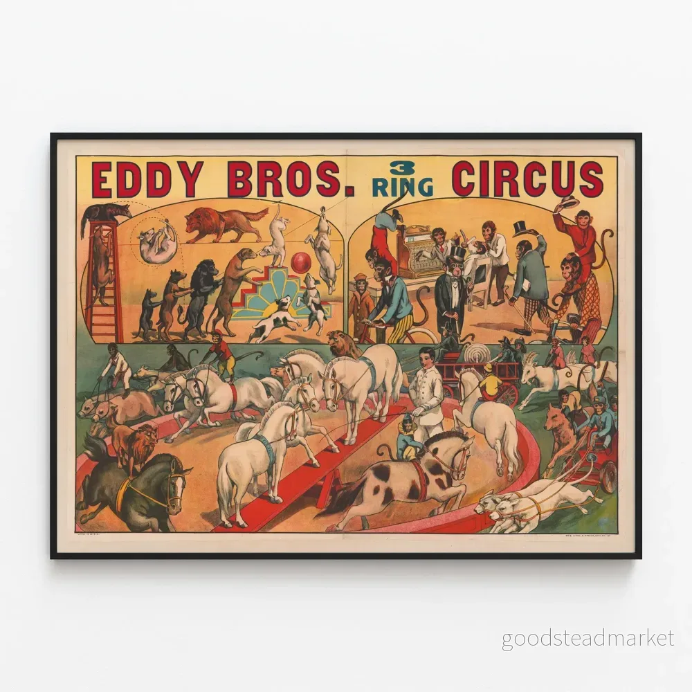 Vintageposter Eddy Bros. 3-ringcirkus – Väggdekoration cirkusdjur och apor