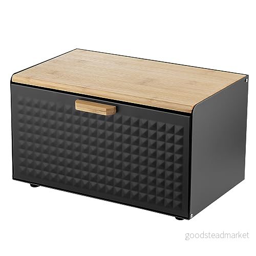 FLORINA Brödlåda inkl. 3 delars Förvaringsburkset CUBE I Brödbox av Stål och Bambulock Rymlig Modern Brödbehållare Förvaringsburkar för Kaffe Te Socker Färg: Svart 5907758697573