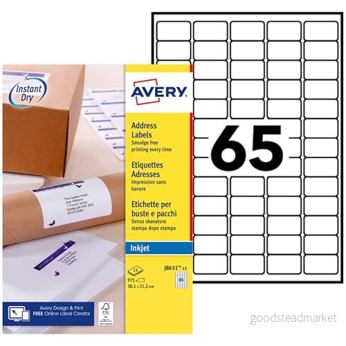 Avery J8651 15, 975 miniadressetiketter, 38,1 x 21,2 mm, vit 5014702138188