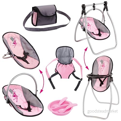 Bayer Design 63608AB Docktillbehör set med väska, barnstol, bärsele, bestick och tallrikar, grå, rosa 4003336400564