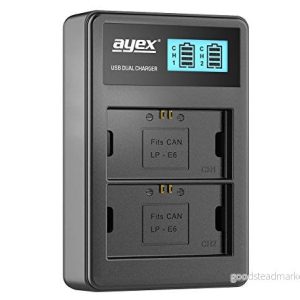 ayex Dubbel USB laddare för Canon Li Ion batterier typ LP E6 laddning via nätkontakt, bärbar dator, powerbank eller PC LCD display med laddningsnivåindikator 4250559527787