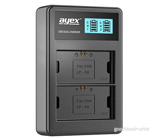 ayex Dubbel USB laddare för Canon Li Ion batterier typ LP E6 laddning via nätkontakt, bärbar dator, powerbank eller PC LCD display med laddningsnivåindikator 4250559527787