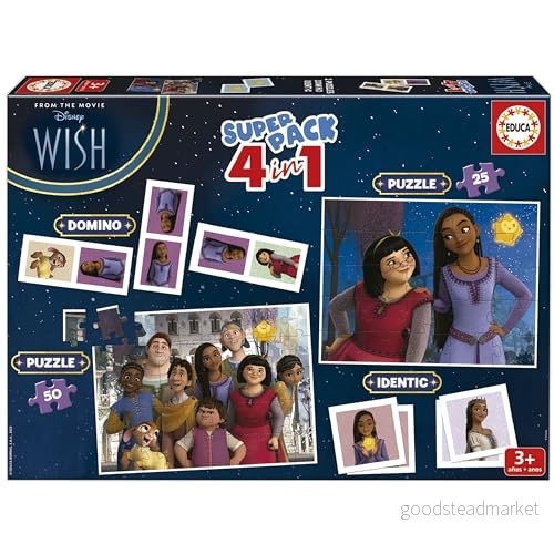 Educa Superpack Wish Brädspel för barn som Domino, identiska och 2 pussel med 25 50 bitar. Flera spelmöjligheter att spela ensamma eller åtföljda. Från 3 år (19743) 8412668197435