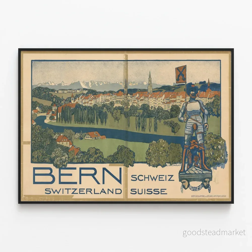 Vintageposter Bern Schweiz med panorama och figur i rustning
