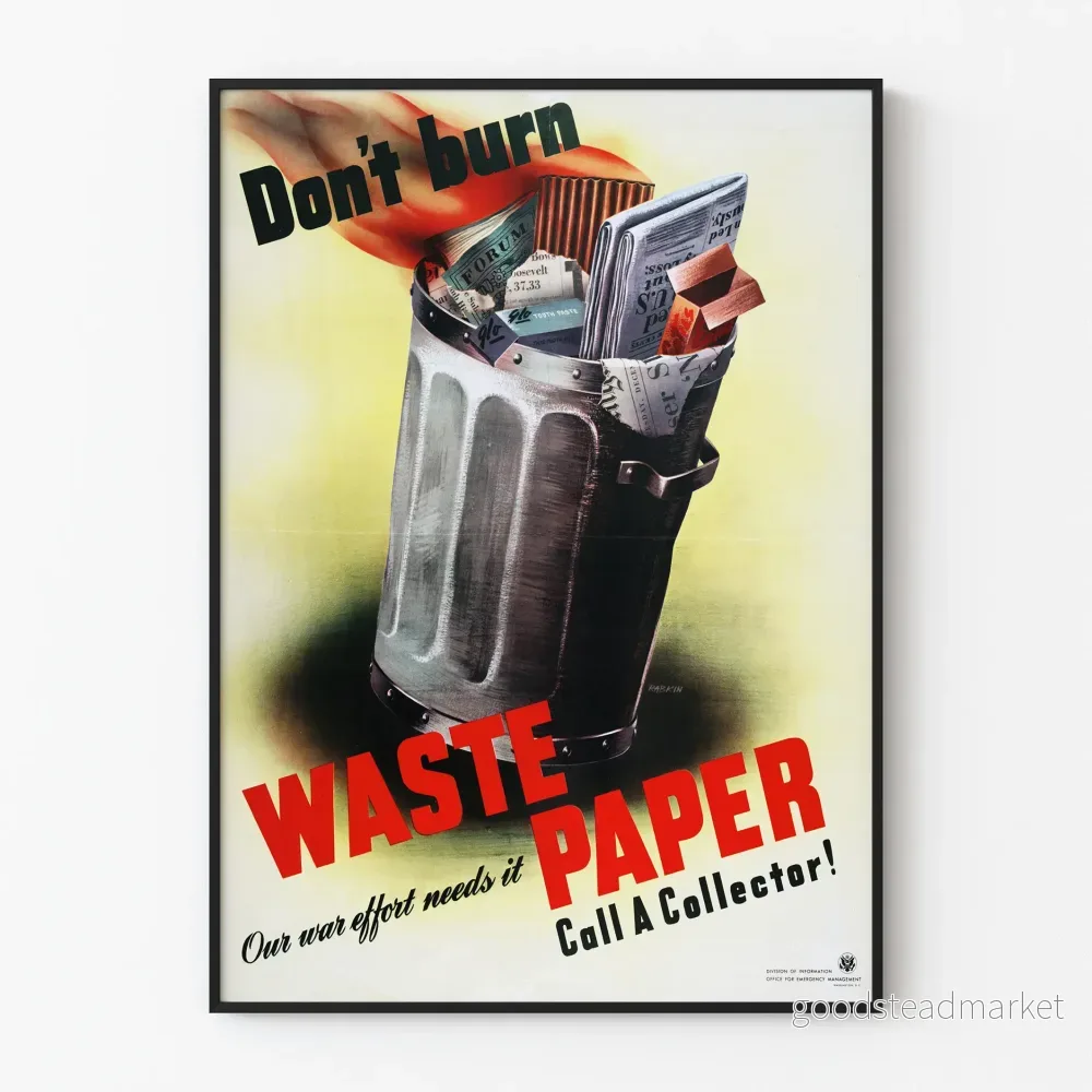 Vintageposter Tänk på att inte kasta det använda papperet Krig