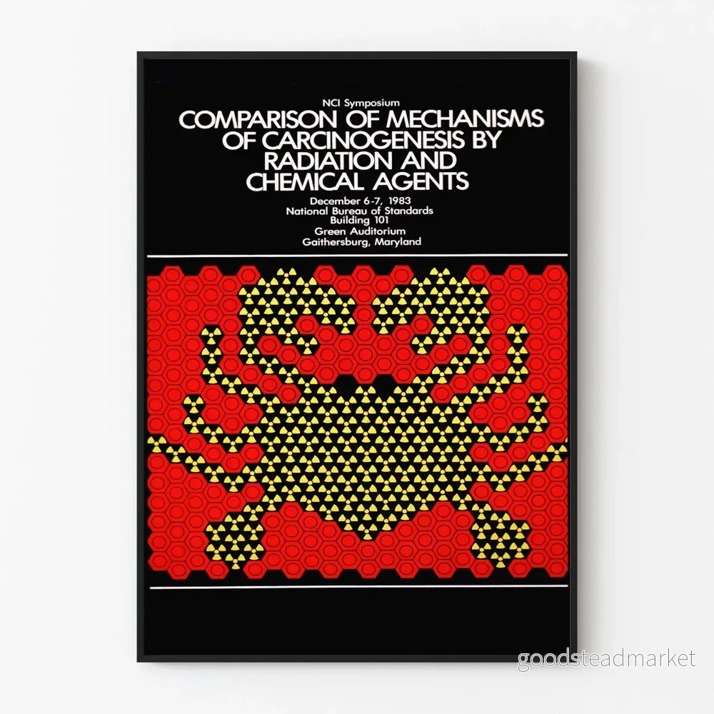 Vintage vetenskaplig poster om mekanismerna för carcinogenes genom strålning och kemiska ämnen