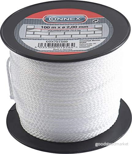 Connex Maurersnöre vit 100 m längd Ø 2,0 mm Polypropylen vävd knuttålig rivtålig & belastbar På spol/räktlås/byggkondensor/lotsk/plåts/COX781550 4035300019564