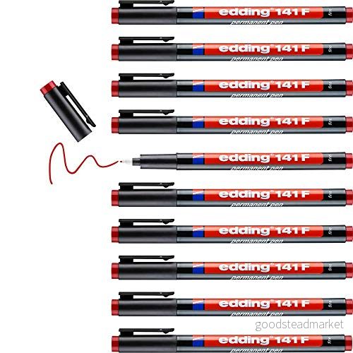 edding 141 F permanent penna röd 10 pennor rund spets 0,6 mm för att skriva på glas, plast, folier och släta ytor permanent, snabbtorkande, fläcksäker vattentät 4004764066698