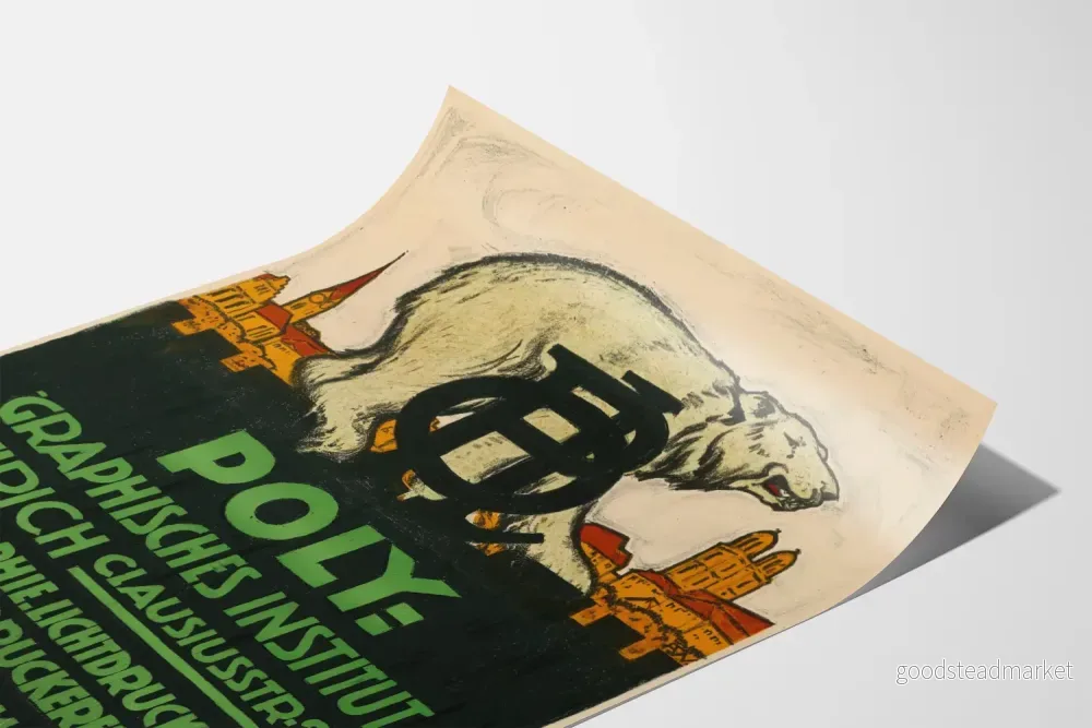 Vintageposter från Polygraphiska institutet i Zürich med björn och stadssilhuett - Bild 3