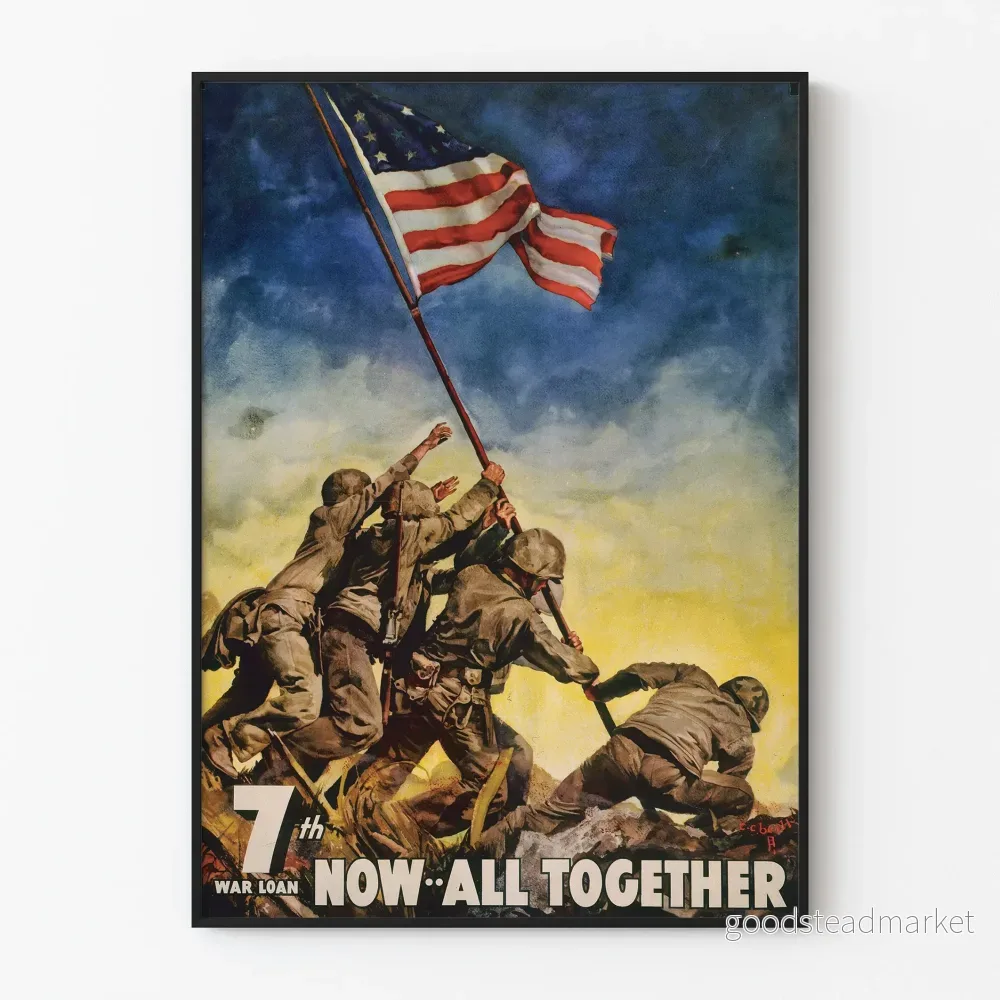 Krigsposter för 7:e krigsutlåningen - Amerikanska soldater och USA-flagga