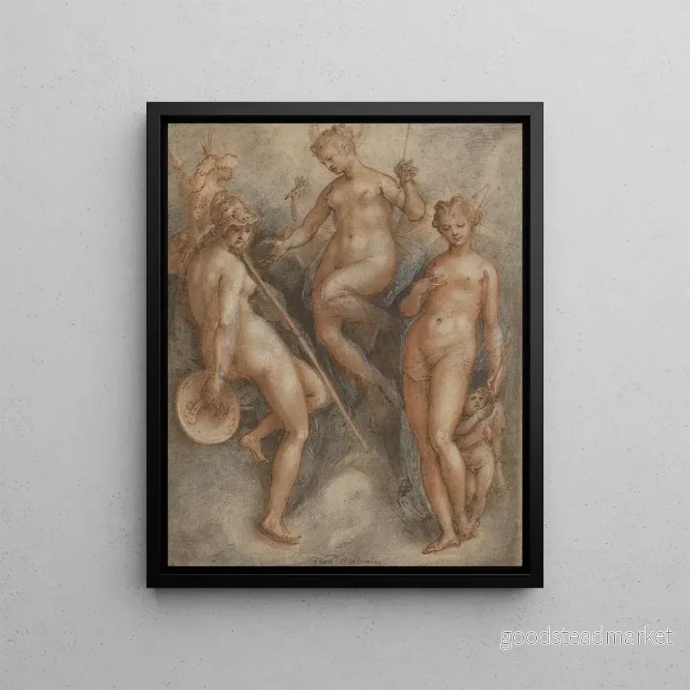 Målning Tre gudinnor: Minerva, Juno och Venus – Jan van der Straet | Konsttryck Målning Tre gudinnor: Minerva, Juno och Venus – Jan van der Straet | Konsttryck