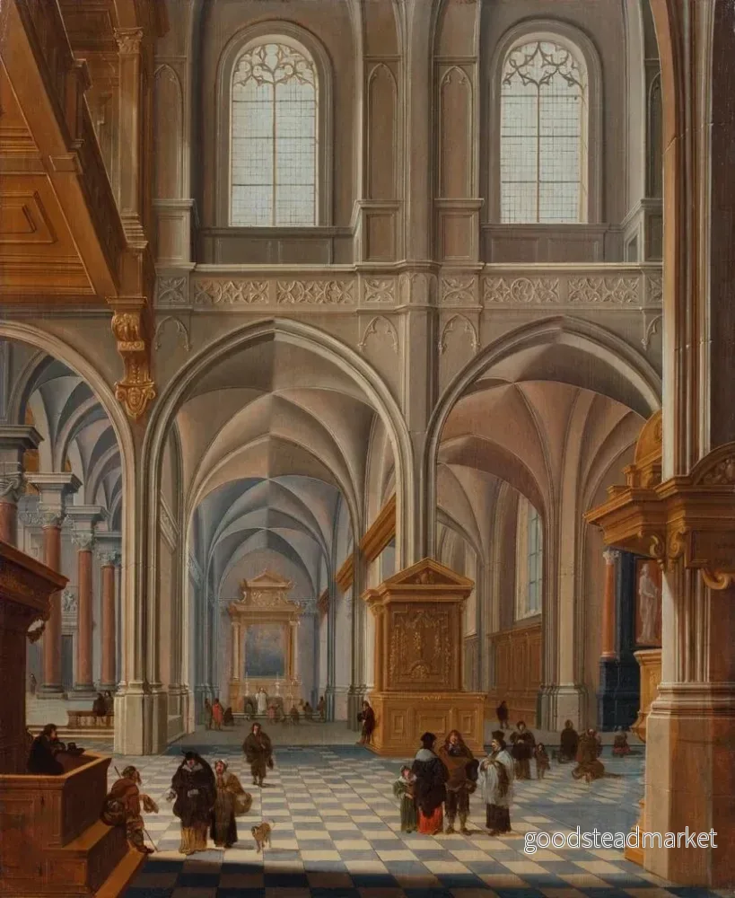 Inomhusmålning av en kyrka med elegant klädda personer, bröder och en kyrklig - Bartholomeus van Bassen | Konsttryck - Bild 2