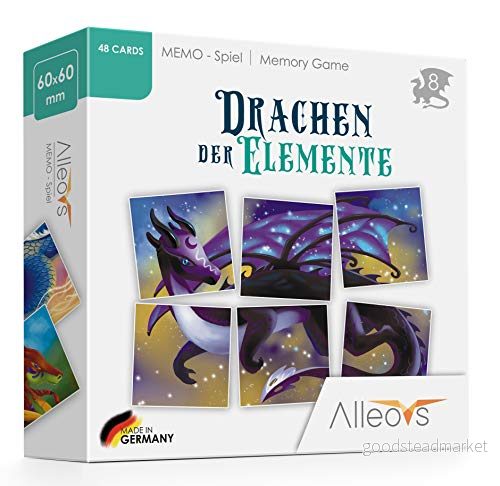 ALLEOVS® Minnesspel Dragon of the Elements för barn från 5 år Memo pedagogiskt spel 48 kort Fostra på ett lekfullt sätt Främja minne och koncentration 4270001396709