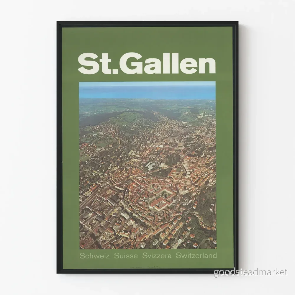 Vintageaffisch St. Gallen Schweiz - Stadsvy från luften och omgivande landsbygd
