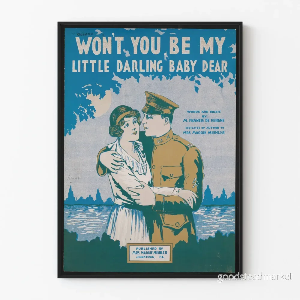 Vintage romantisk poster med soldat och ung kvinna vid vattnet