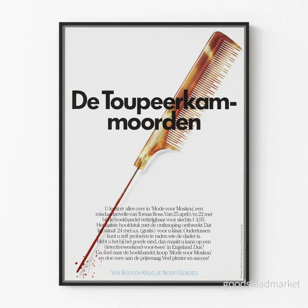 Vintage reklamposter av De Toupeerkammoorden med blodig kam