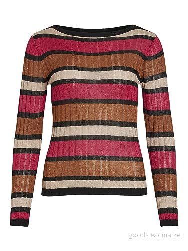 Vila VIEMBER New L/S glitter stickad topp/SU, Kärlekspotion/ränder: doeskin/svart/karamellcafé, L 5715358477293