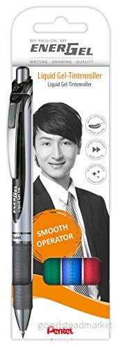 Pentel BL77 4 EnerGel gel bläckrulle med tryckmekanik, 0,7 mm kuldiameter = 0,35 linjetjocklek, påfyllningsbar, uppsättning om 4, sorterad (sw/rt/bl/gr), 1 styck (förpackning 4) 4016284333051