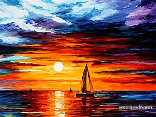 Diamond Painting Set, bild med segelbåt i solnedgången och tillbehör, pysselset för målning glittrande stenar barn från 5 år 4016490818939