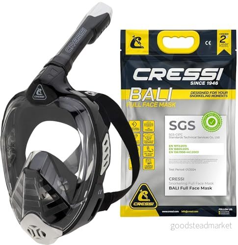CRESSI Bali Full Face Mask Black/Grey S/M Snorkelmask Unisex Integral, Bred Klar Sikt, Anti fog system, Lätt att Andas, Torrsnorkel med Flytventil, Justerbar Rem, Svart/Grå, 8022983257464