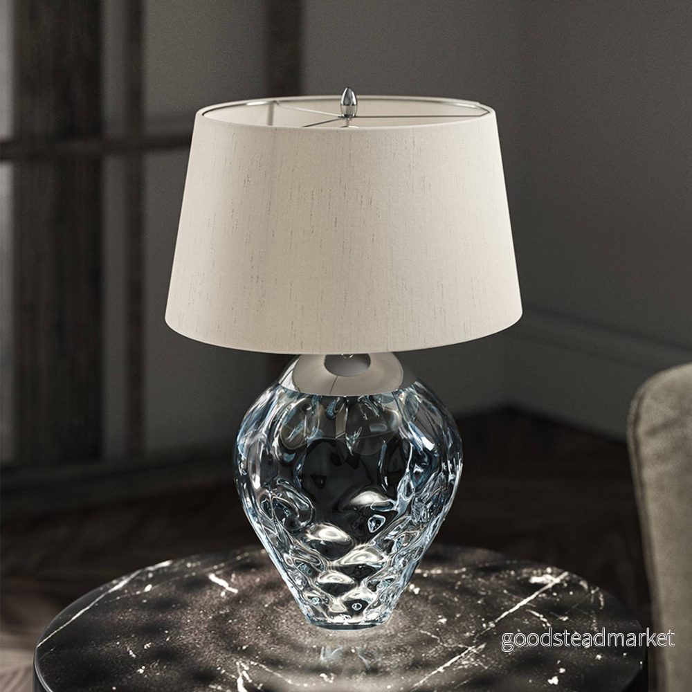 Quintiesse Samara bordslampa, Ø 45,7 cm, blå, tyg, glas, 2 ljus 5024005380511
