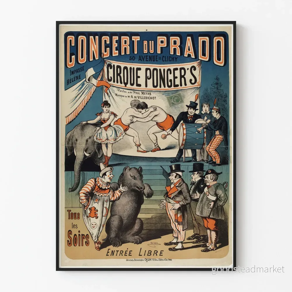 Vintageposter av Concert du Prado Cirque Ponger’s dekorativa