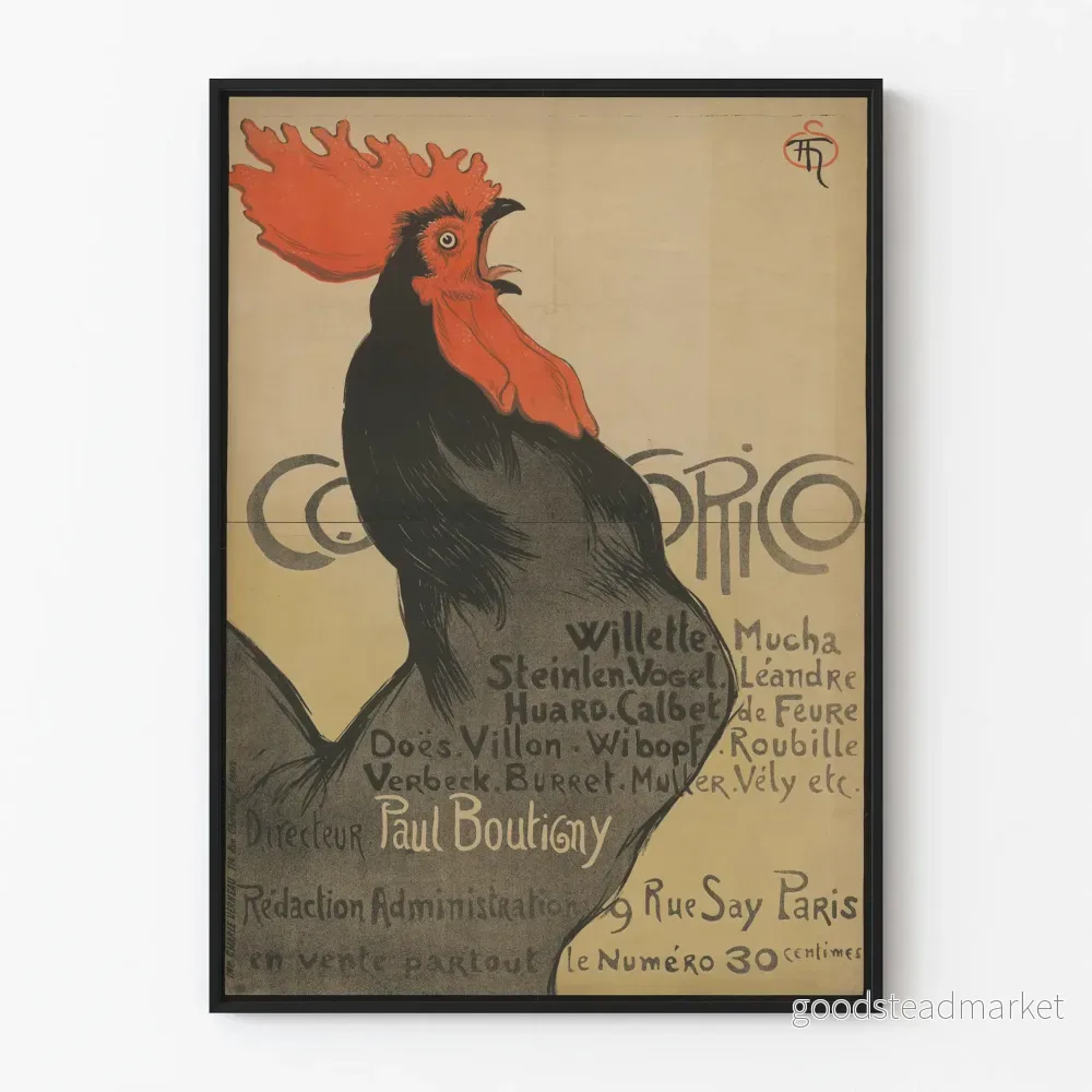Vintageposter Cocorico med kvittrande tupp för väggdekoration Vintageposter Cocorico med kvittrande tupp för väggdekoration