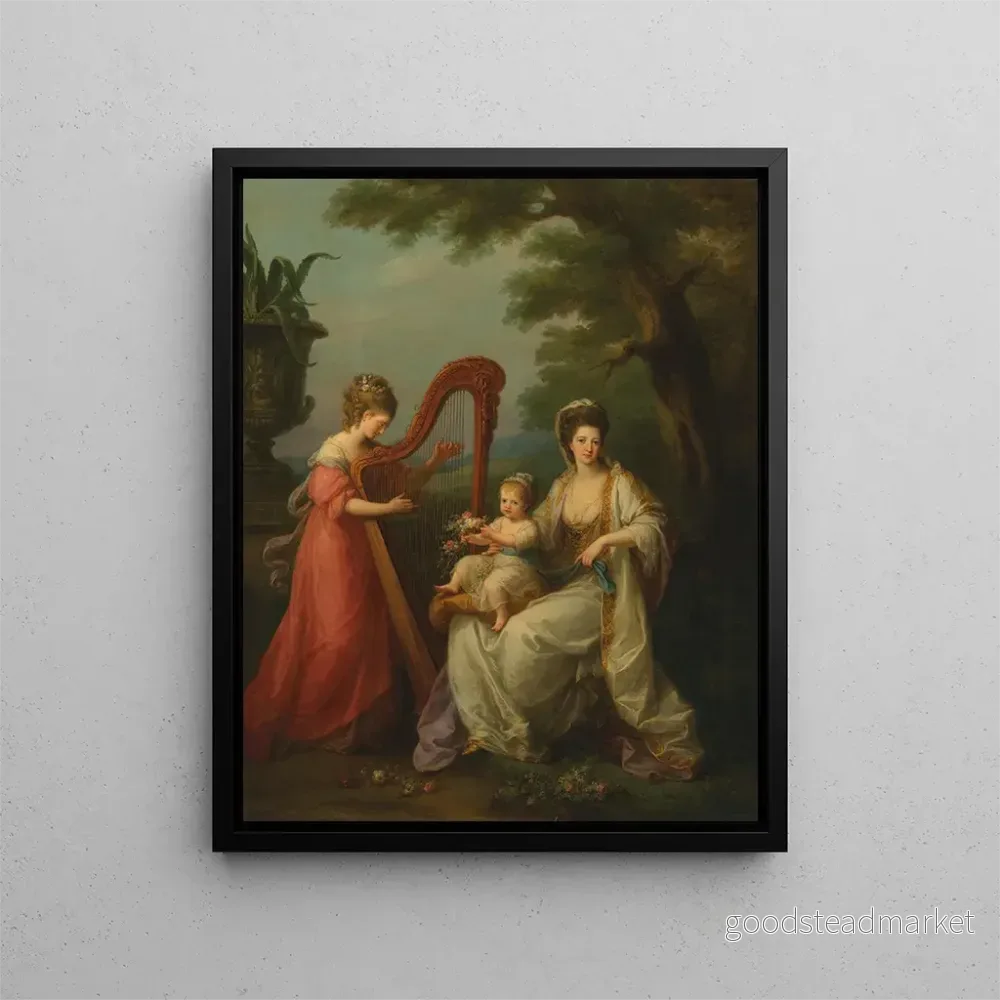 Målning av gruppporträtt av Lady Elizabeth Smith, grevinna Stanley de Derby, med sin lille son Edward, framtida 13:e earl av Derby, och hennes halvsyster Lady Augusta Campbell - Angelica Kauffman