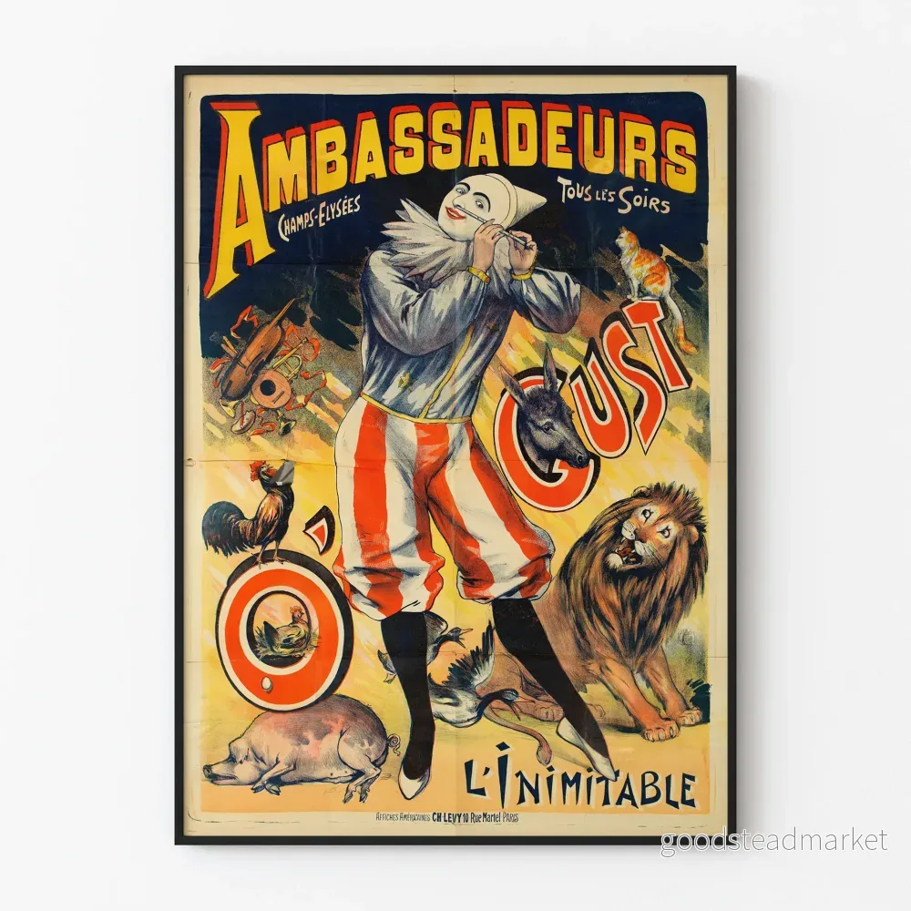 Vintageposter Ambassadeurs Champs-Élysées med clown och djur
