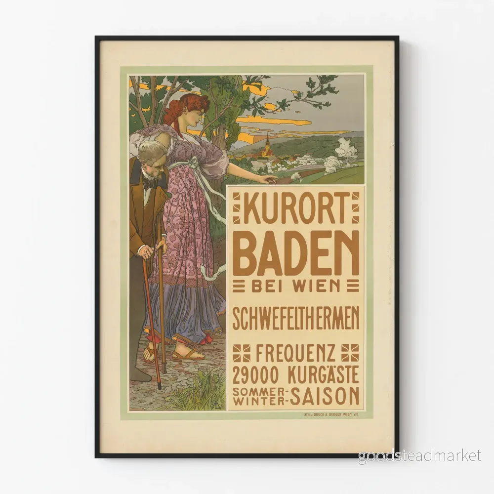 Art Nouveau-vintageposter för Kurort Baden nära Wien Art Nouveau-vintageposter för Kurort Baden nära Wien