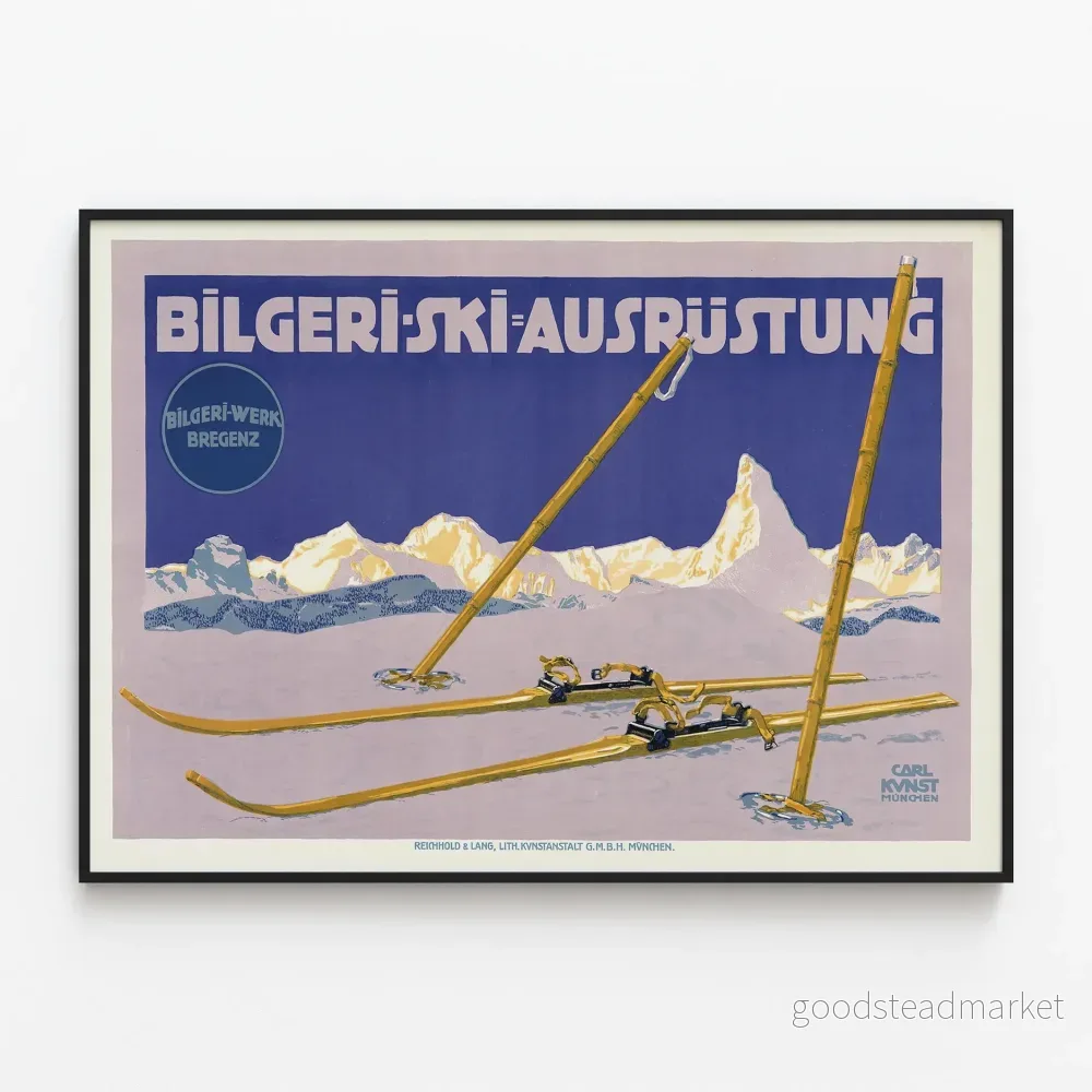 Vintage affisch Bilgeri skidutrustning – Vägghängd sportdekoration för vintersport Vintage affisch Bilgeri skidutrustning – Vägghängd sportdekoration för vintersport