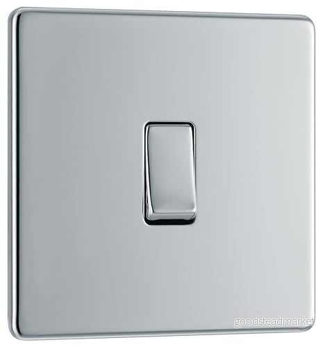 BG Elektrisk skruvlös platt platta enkel ljusströmbrytare, polerad krom, 2 vägs, 10AX 5050765005203