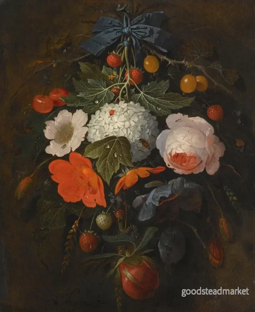 Målning En blomster- och fruktgirlang som inkluderar en ros, en vallmo, en snöboll, vinbär och vildjordgubbar, tillsammans med en mängd insekter - Abraham Mignon | Konsttryck - Bild 2