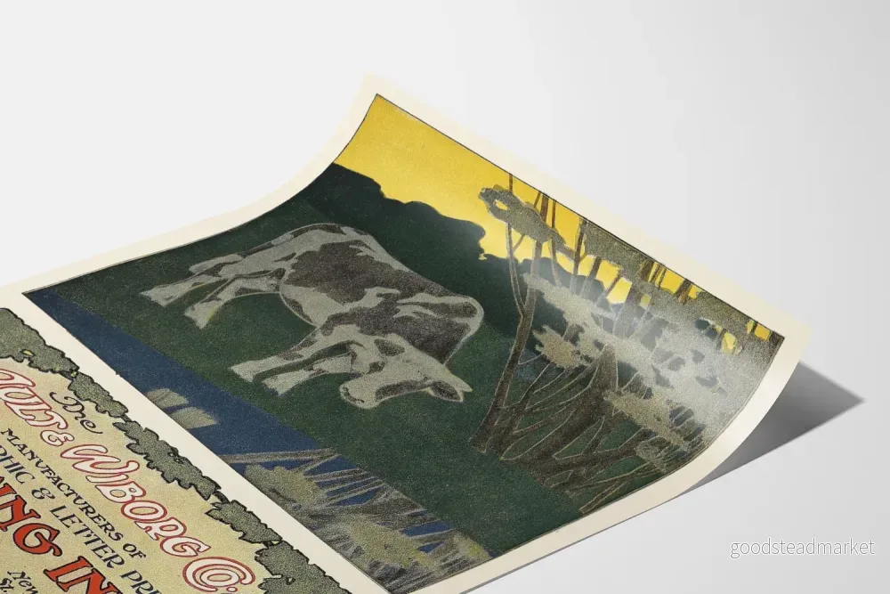 Vintageposter Ault & Wiborg: Illustration av ko och typografisk dekoration - Bild 3
