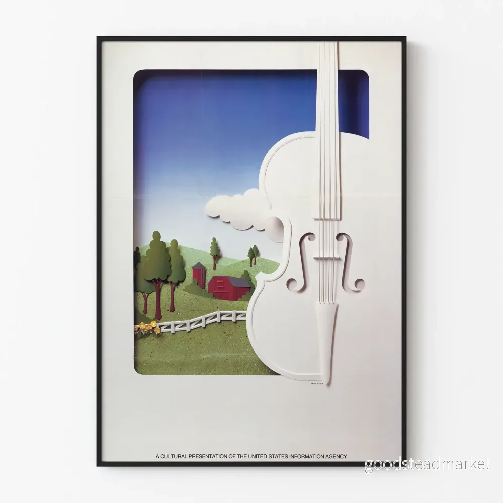 Dekorativ poster med musik och landsbygd med fiol i papper cut-out