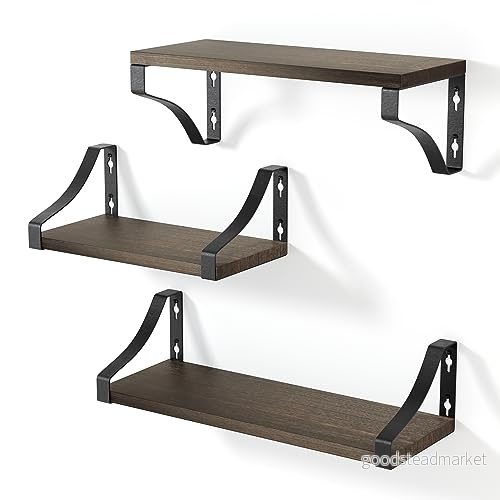 edihome, Vägghyllor, 3 Nivåer, Flytande Avsatser, Trä Dekoration, Perfekt för vardagsrum, Sovrum, Badrum (Mörk Brun) 8436599031279