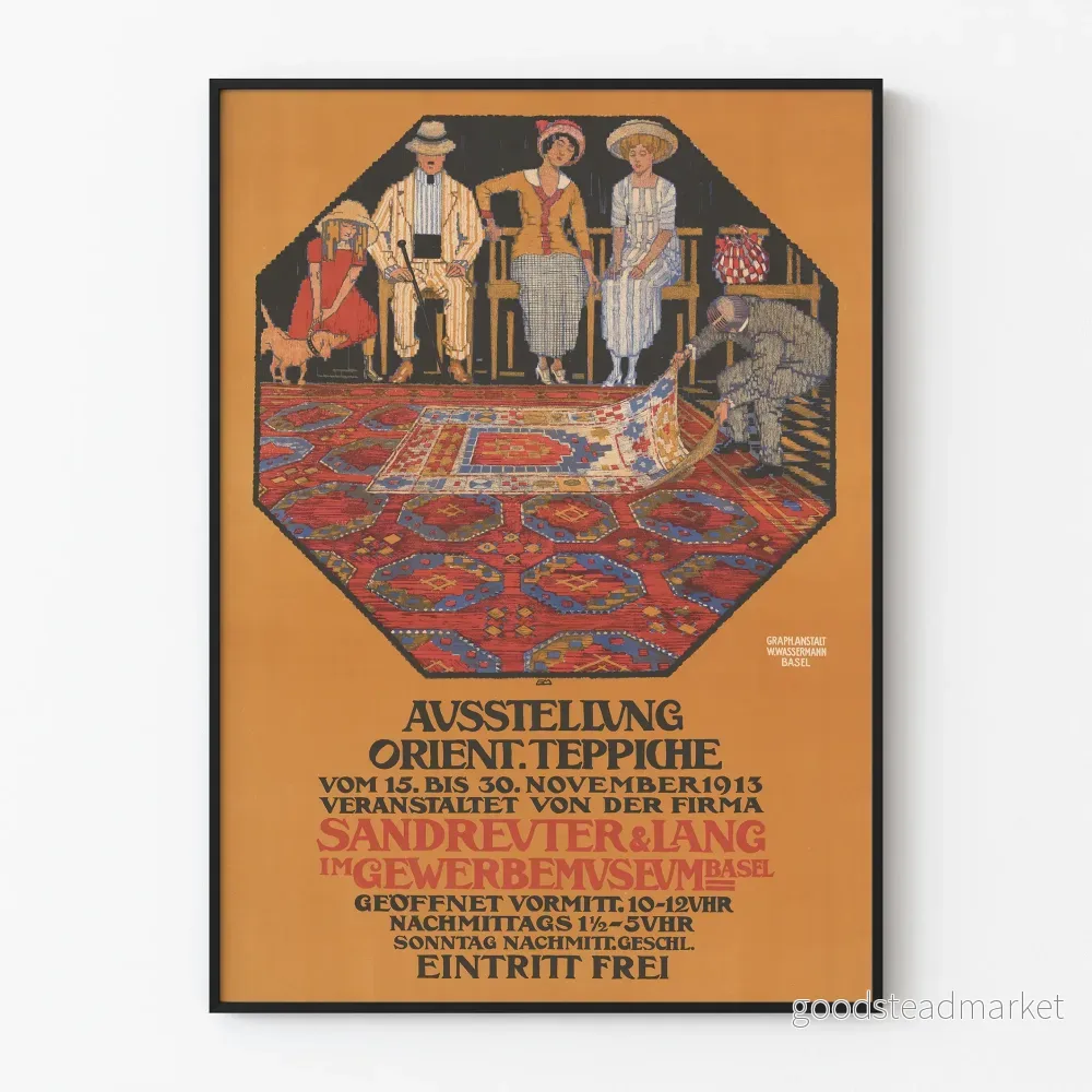 Vintageposter för utställning med orientaliska mattor Sandreuter & Lang